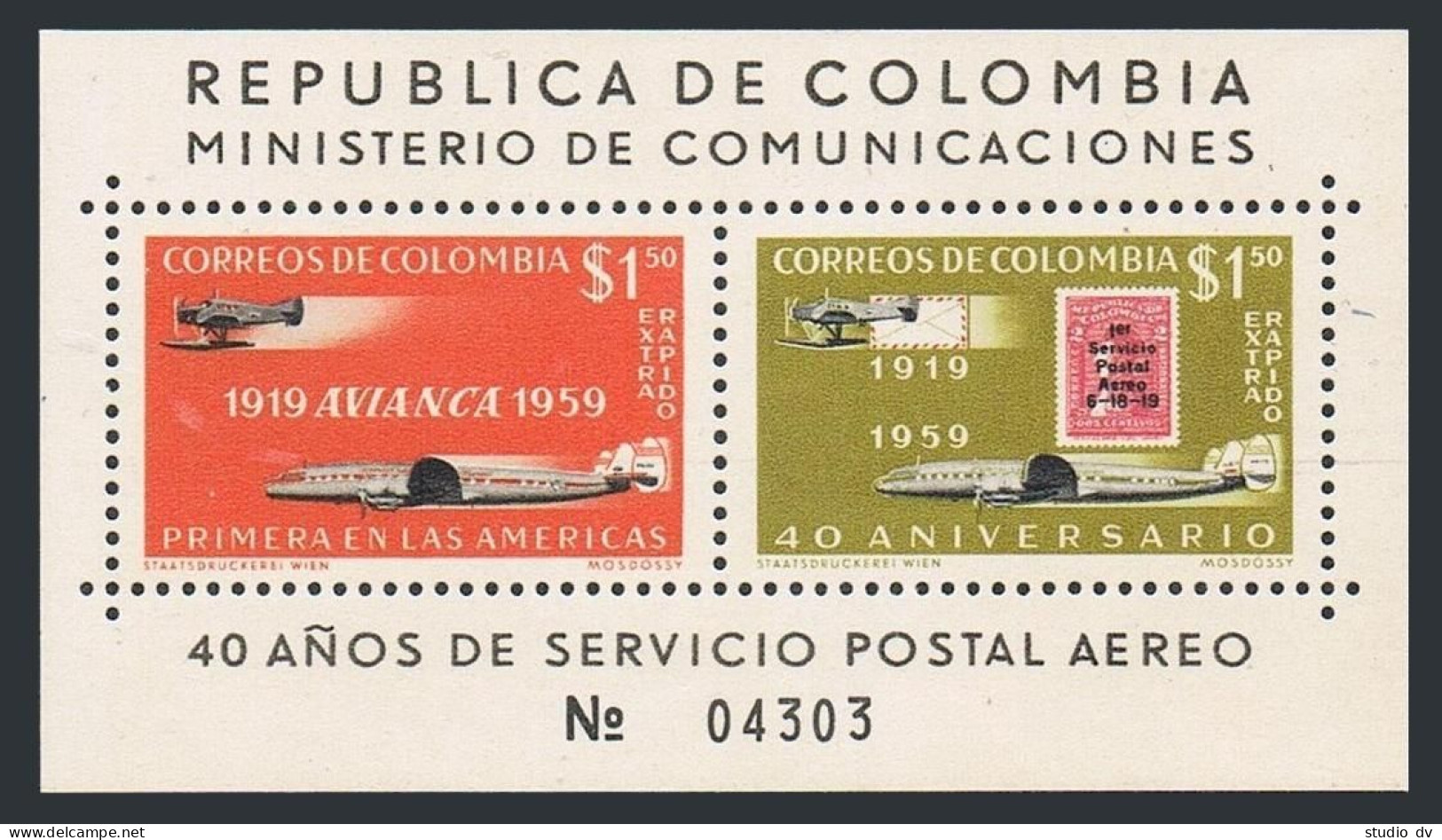 Colombia C350,MNH.Michel 897-898 Bl.17. AVIANCA Company,1960.Stamp.planes. - Colombie