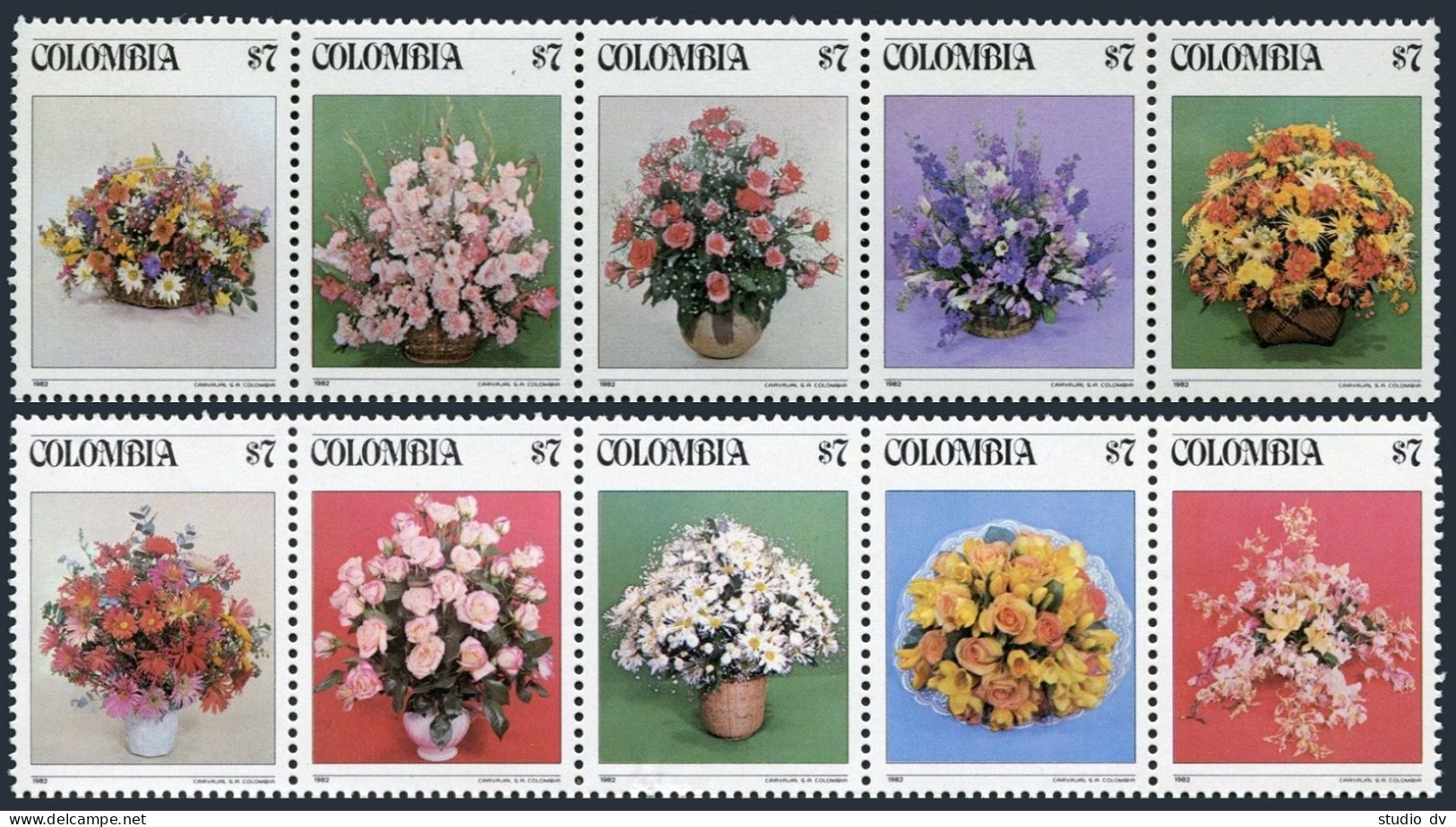 Colombia 900 Aj Two Strips/5,MNH.Michel 1579-1588. Floral Bouquet,1982. - Colombia