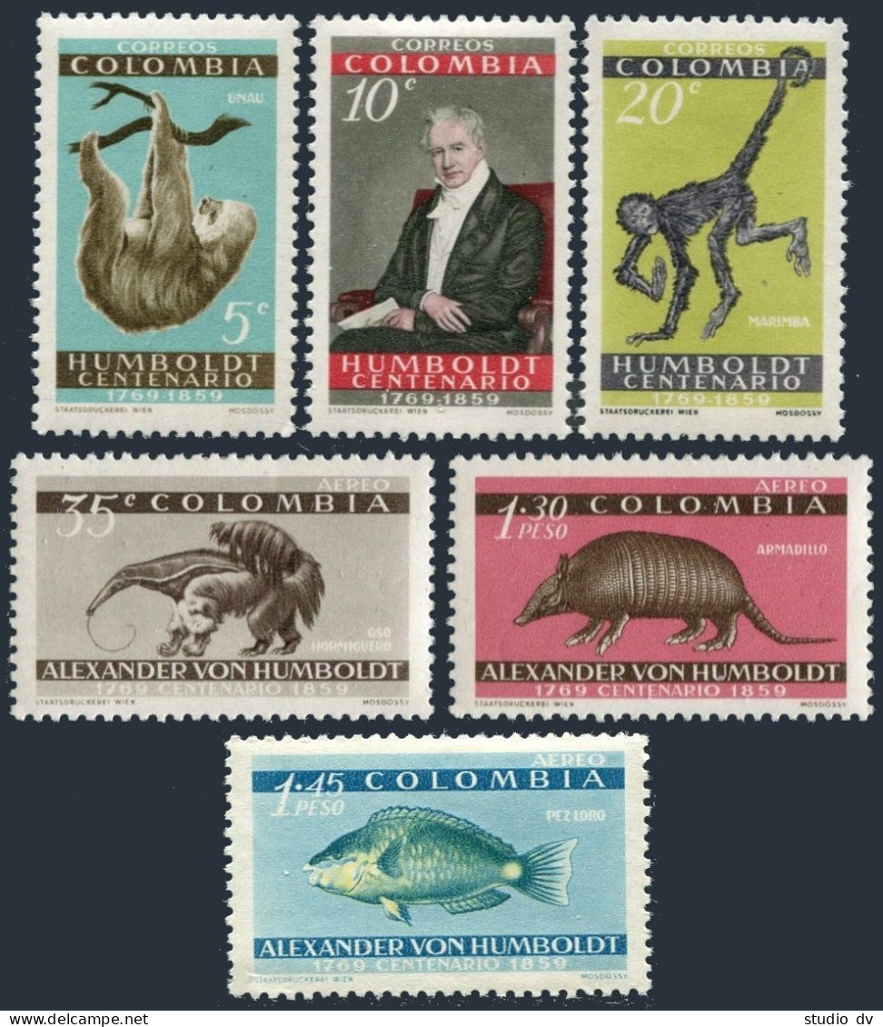 Colombia 713-715,C357-C359,MNH. Alexander Von Humboldt,1960.Monkey,Ant Bear,Fish - Colombie