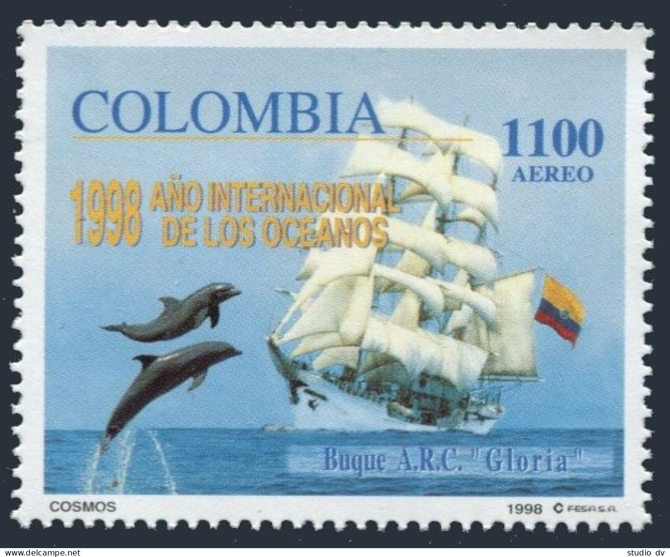 Colombia C906, MNH. Michel 2089. Year Of Ocean 1998. Dolphins, Ship. - Kolumbien