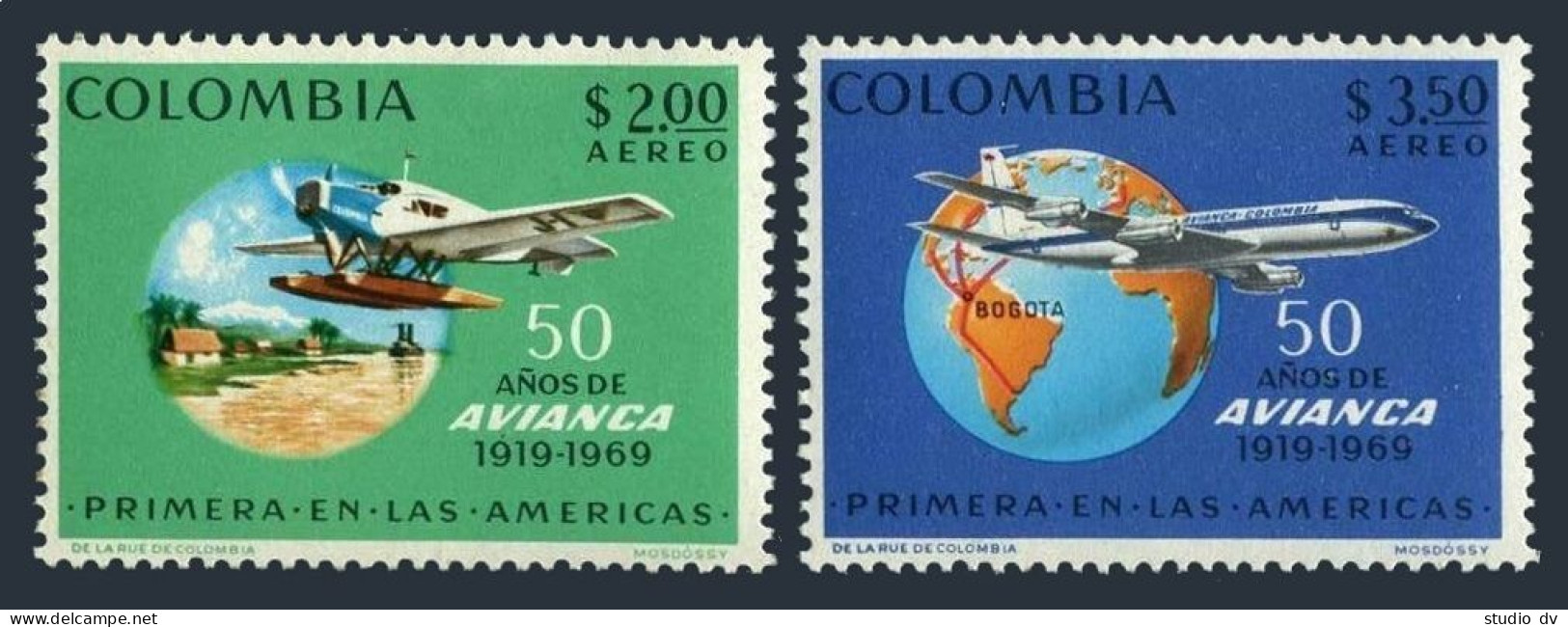 Colombia C520-C522,MNH.Mi 1156-1157,Bl.32. Junkers F-13,Globe,Boeing Jet,1969. - Colombie