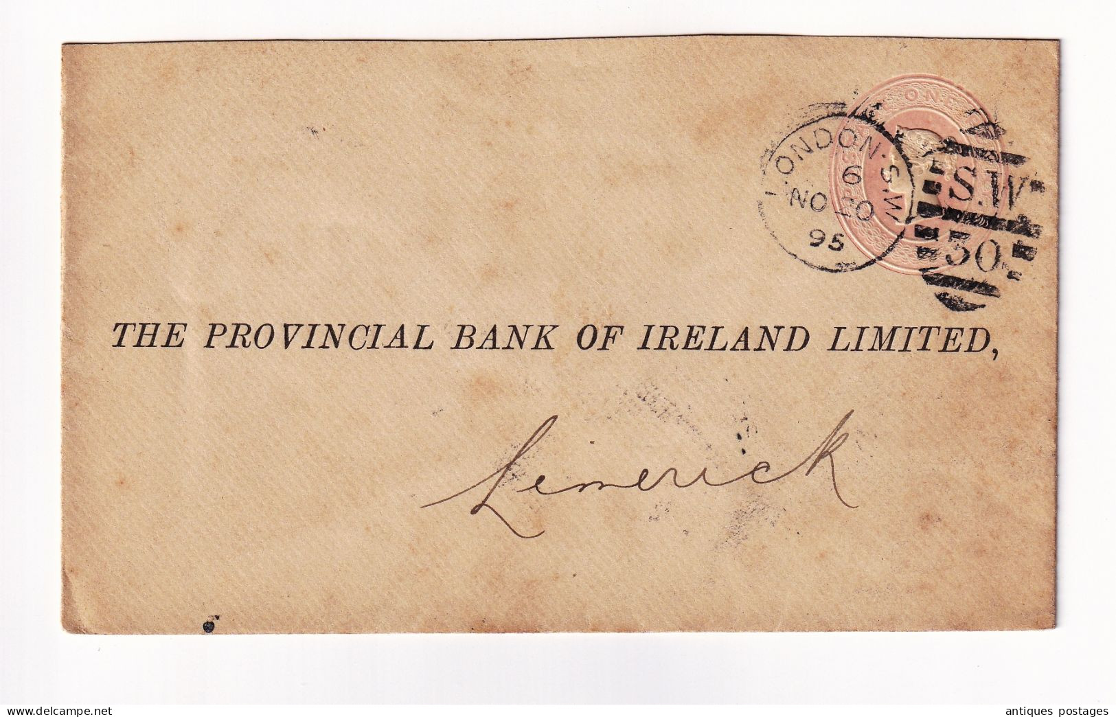 Postal Stationery 1895 Queen Victoria London Limerick The Provincial Bank Of Irland Limited Westminster Bank - Entiers Postaux