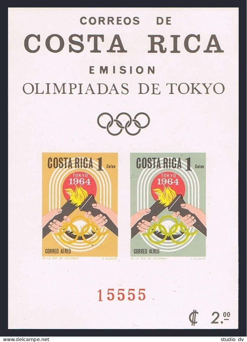 Costa Rica C416a Imperf Sheet, MNH. Mi Bl.7B. Olympics Tokyo-1964. Torch, Rings. - Costa Rica