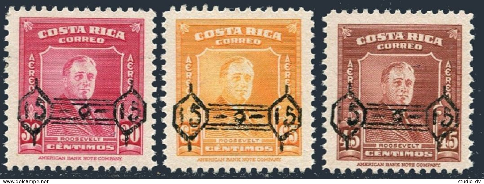 Costa Rica C224-C226 Bl./4, MNH. Mi 483-485. Franklin Roosevelt.New Value, 1953. - Costa Rica