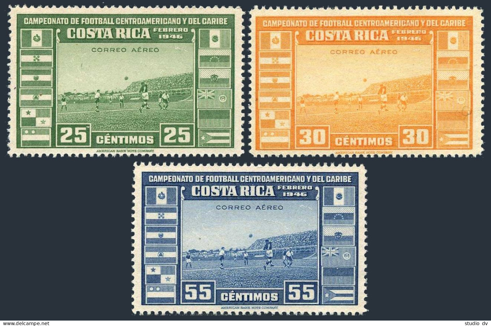 Costa Rica C121-C123, MNH. Michel 383-385. Soccer, Inscribed Febrero 1946. - Costa Rica