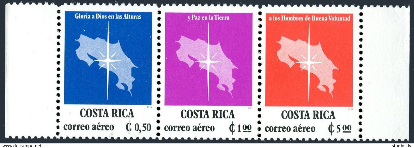 Costa Rica C729-C731a Strip, MNH. Mi 1005-1007. Christmas 1978. Map, Star. - Costa Rica