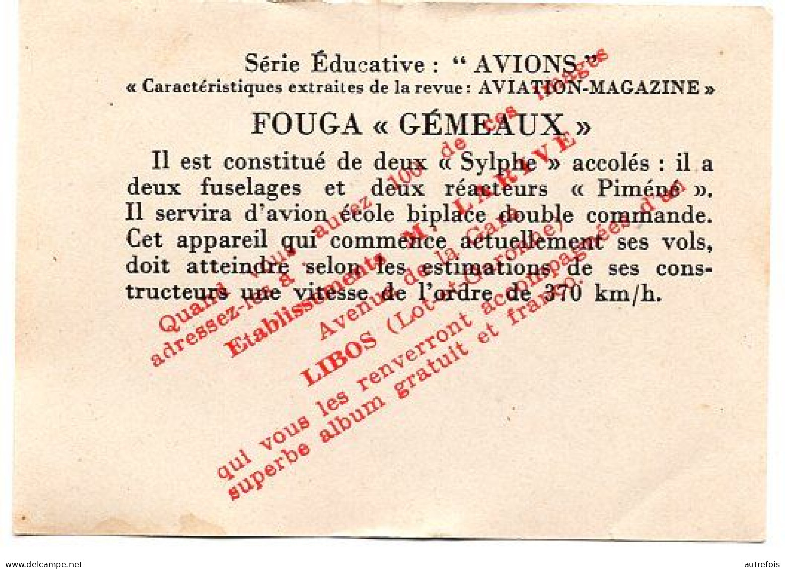 AVION  FOUGA GEMAUX   CHROMO  PUB DEJEUNER PAINSADOZ ET FLAN LUMINOR - ETS M LARIVE LIBOS 47 - Otros & Sin Clasificación