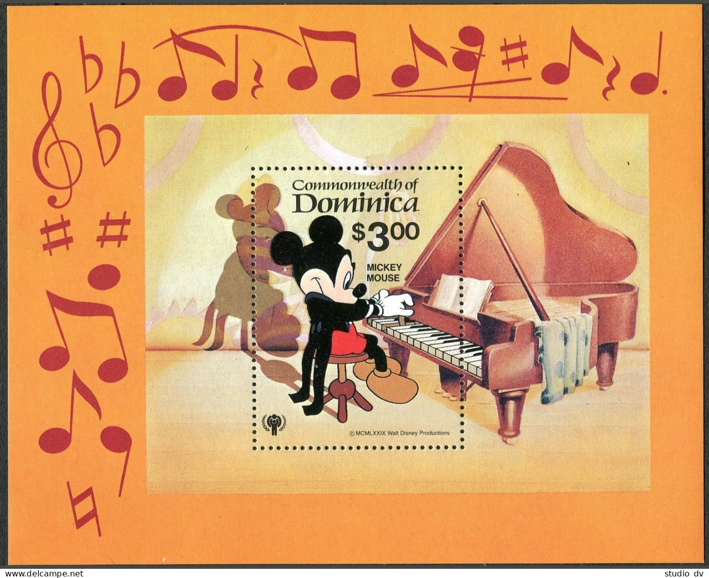 Dominica 653, MNH. MichelBl.60. IYC-1979. Music Scenes-Walt Disney, Piano. - Dominique (1978-...)