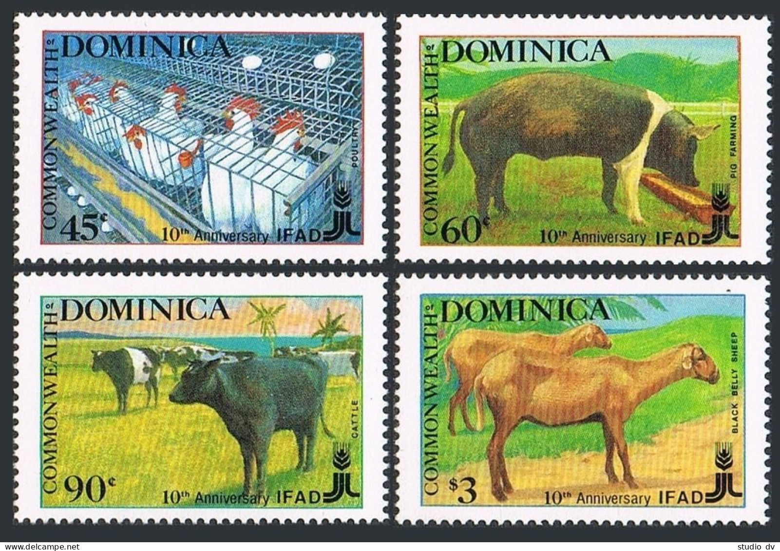 Dominica 1086-1089,1090, MNH. IFAD-10, 1988. Hen House, Pig Farm, Cattle, Sheep, - Dominique (1978-...)