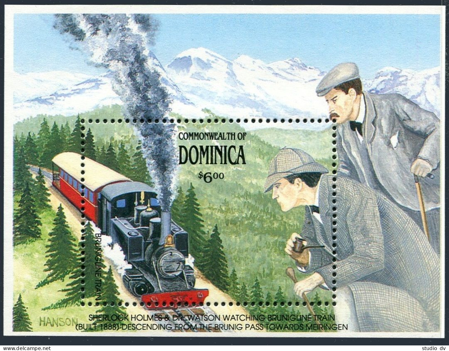 Dominica 1295 Sheet, MNH. Sherlock Holmes Watcing Brinigline Train, 1991. - Dominica (1978-...)