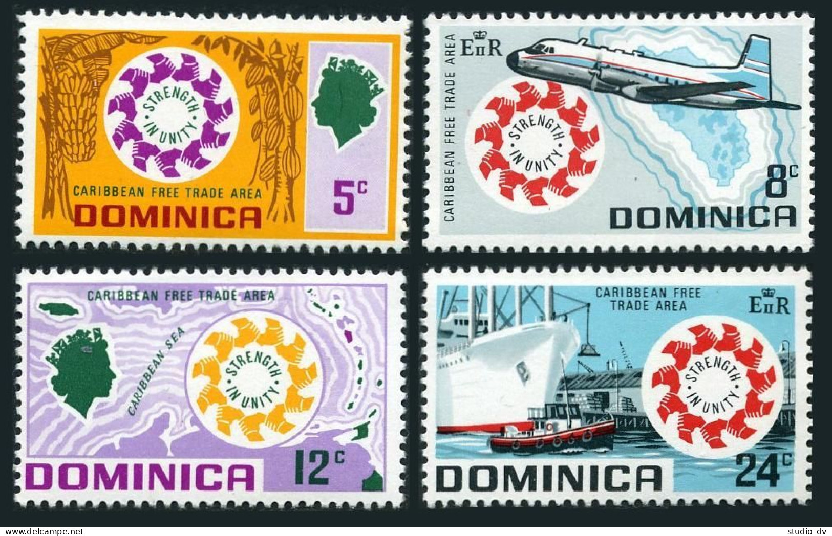 Dominica 257-260, Hinged. Mi 253-256. CARIFTA 1969. Bananas, Cacao; Map, Plane, - Dominica (1978-...)