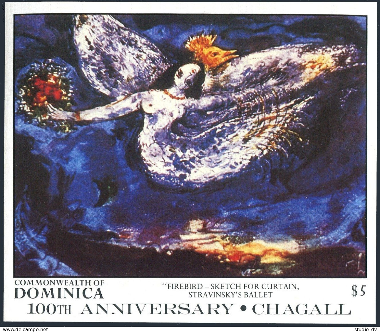 Dominica 1013, MNH. Mi 1031 Bl.118. Paintings By Marc Chagall, 1987. Firebird. - Dominique (1978-...)