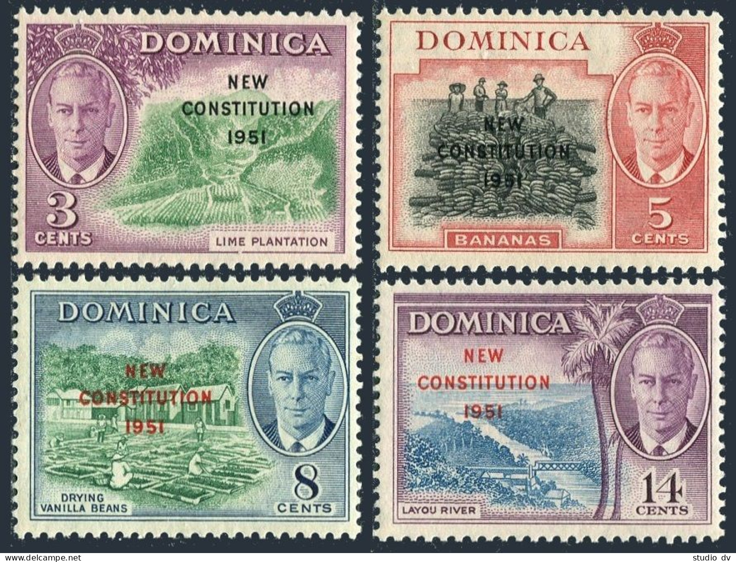 Dominica 137-140, Hinged. Mi 133-136. NEW CONSTITUTION 1951. Fruits,Layou River. - Dominique (1978-...)
