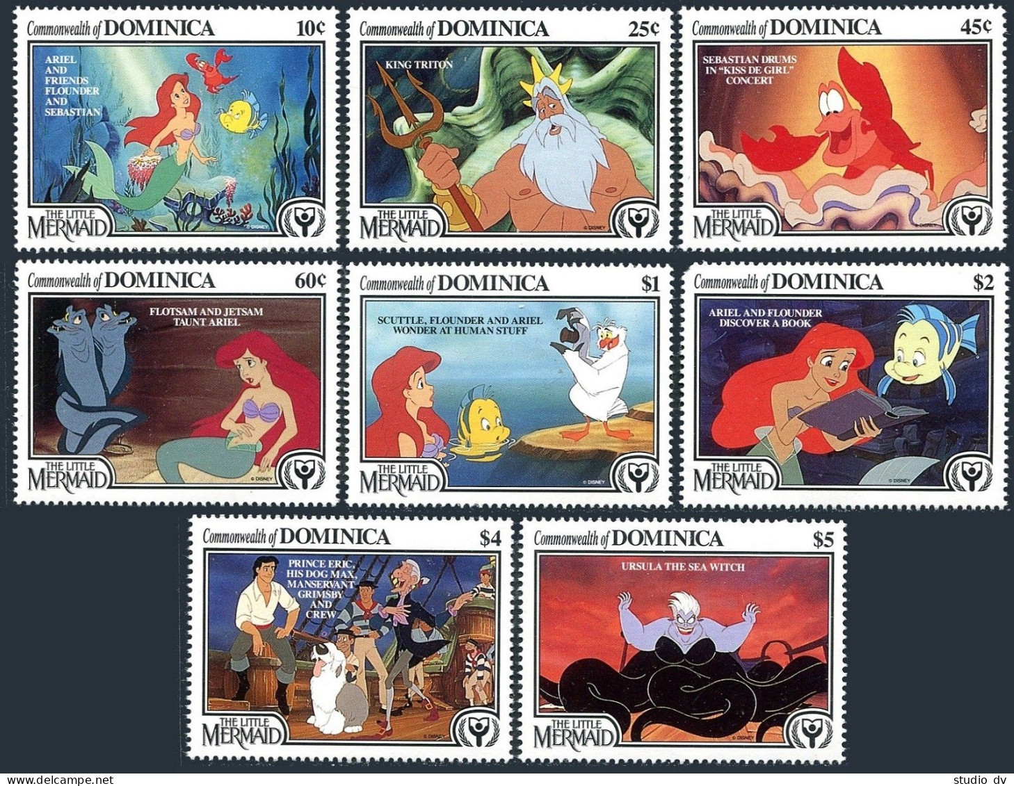 Dominica 1348-1352, 1354-1355, MNH. Literacy Year 1991. Walt Disney The Mermaid. - Dominique (1978-...)