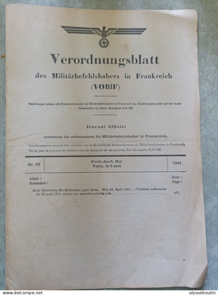 39/45 Verordnungsblatt Des Militärsbefehlshaber In Frankreich. Journal Officiel. Loi Contre Les Juifs 5 Mai 1941 - Documenten