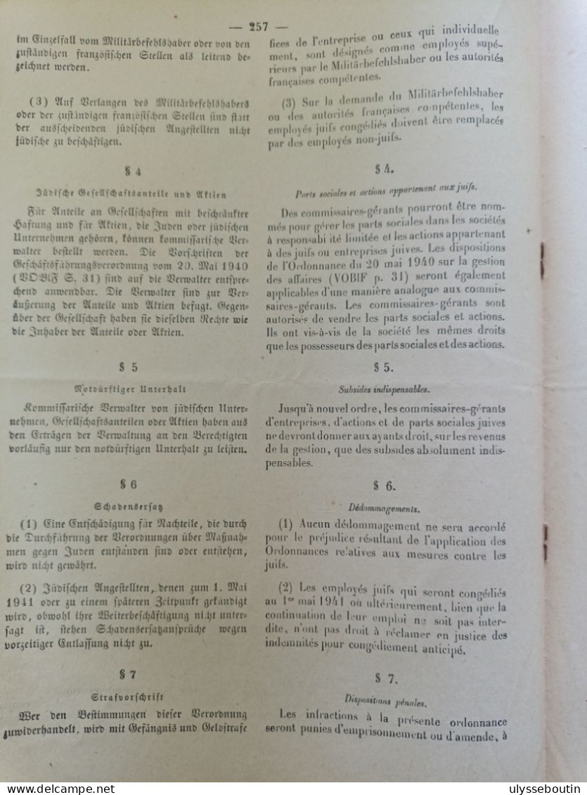 39/45 Verordnungsblatt Des Militärsbefehlshaber In Frankreich. Journal Officiel. Loi Contre Les Juifs 5 Mai 1941 - Documents