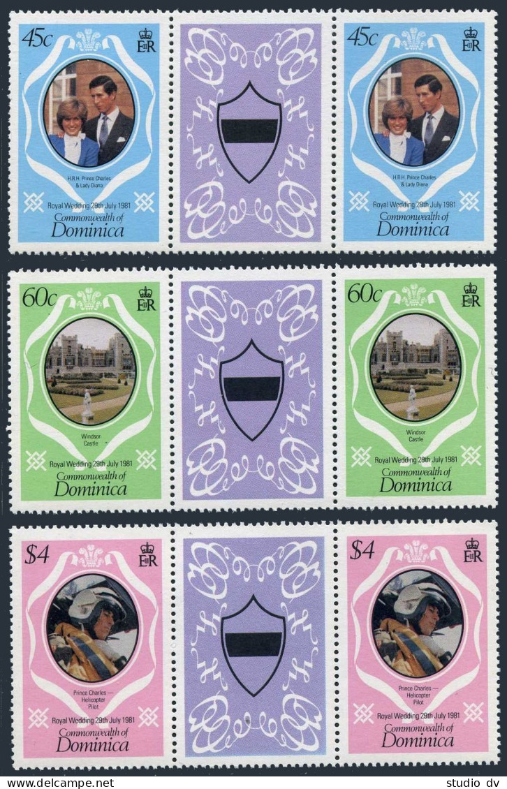 Dominica 701-703 Gutter,MNH.Mi 713A-715A. Wedding 1981.Charles,Lady Diana.Castle - Dominica (1978-...)