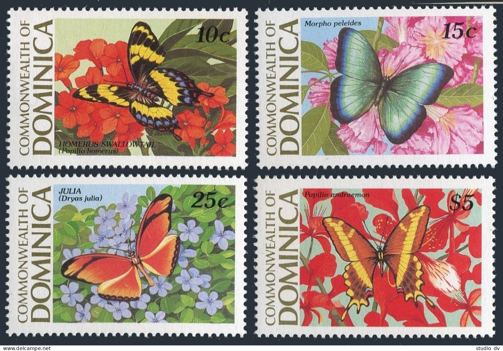 Dominica 1176-1178,1183,MNH.Mi 1213-1215,1220. Butterflies & Flowers 1989. - Dominica (1978-...)
