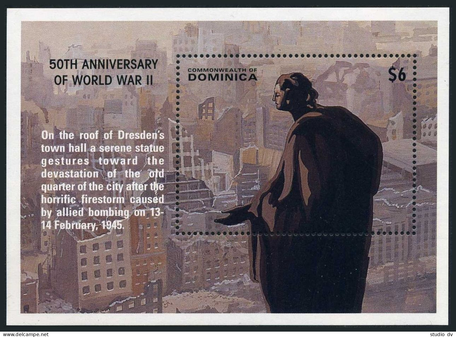 Dominica 1778,MNH. End Of WW II,50th Ann.1995.Statue Atop Dresden's Town Hall. - Dominica (1978-...)