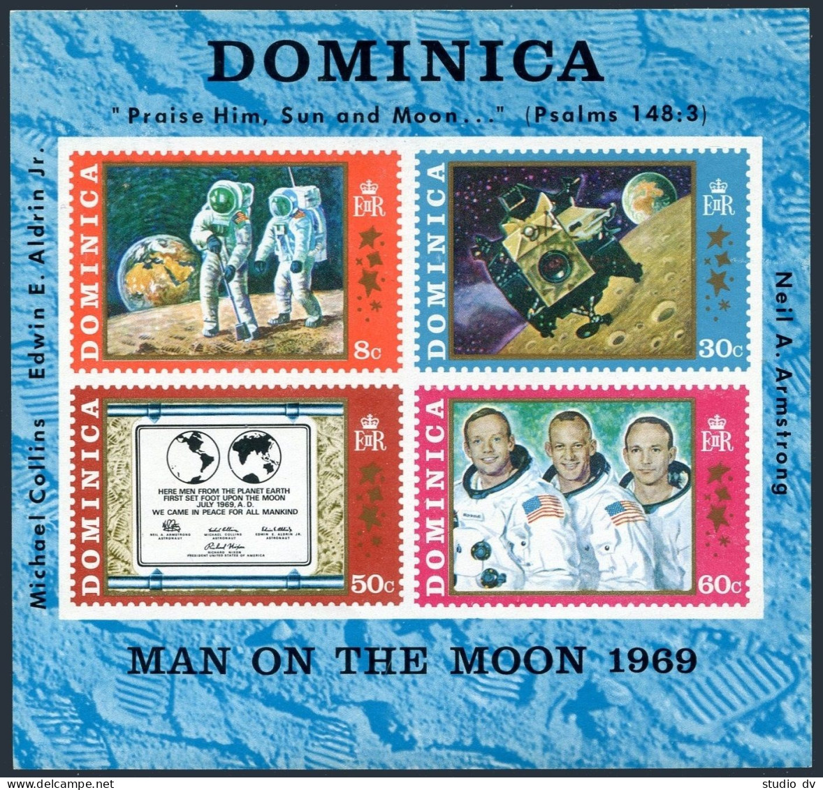 Dominica 296a Sheet, MNH. Mi Bl.2. Moon Landing, Armstrong, Aldrin, Collins.1970 - Dominica (1978-...)