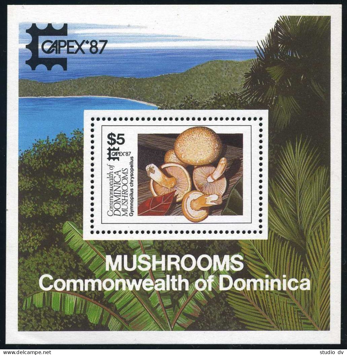 Dominica 1024-1027, 1028, MNH. Mi 1036-1039, 1040 Bl.120. CAPEX-1987. Mushrooms. - Dominica (1978-...)