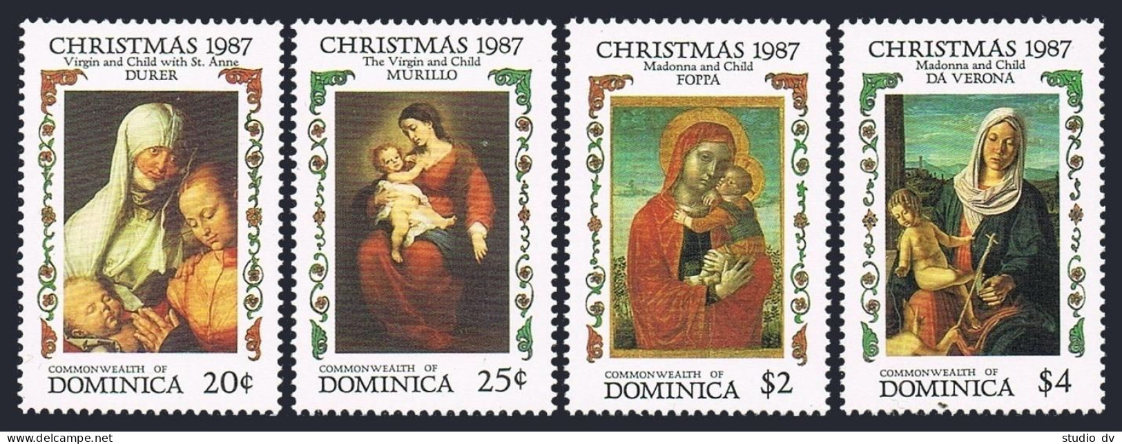 Dominica 1049-1052, 1053, MNH. Mi 1061-1064, Bl.123. Christmas 1987. Paintings. - Dominica (1978-...)