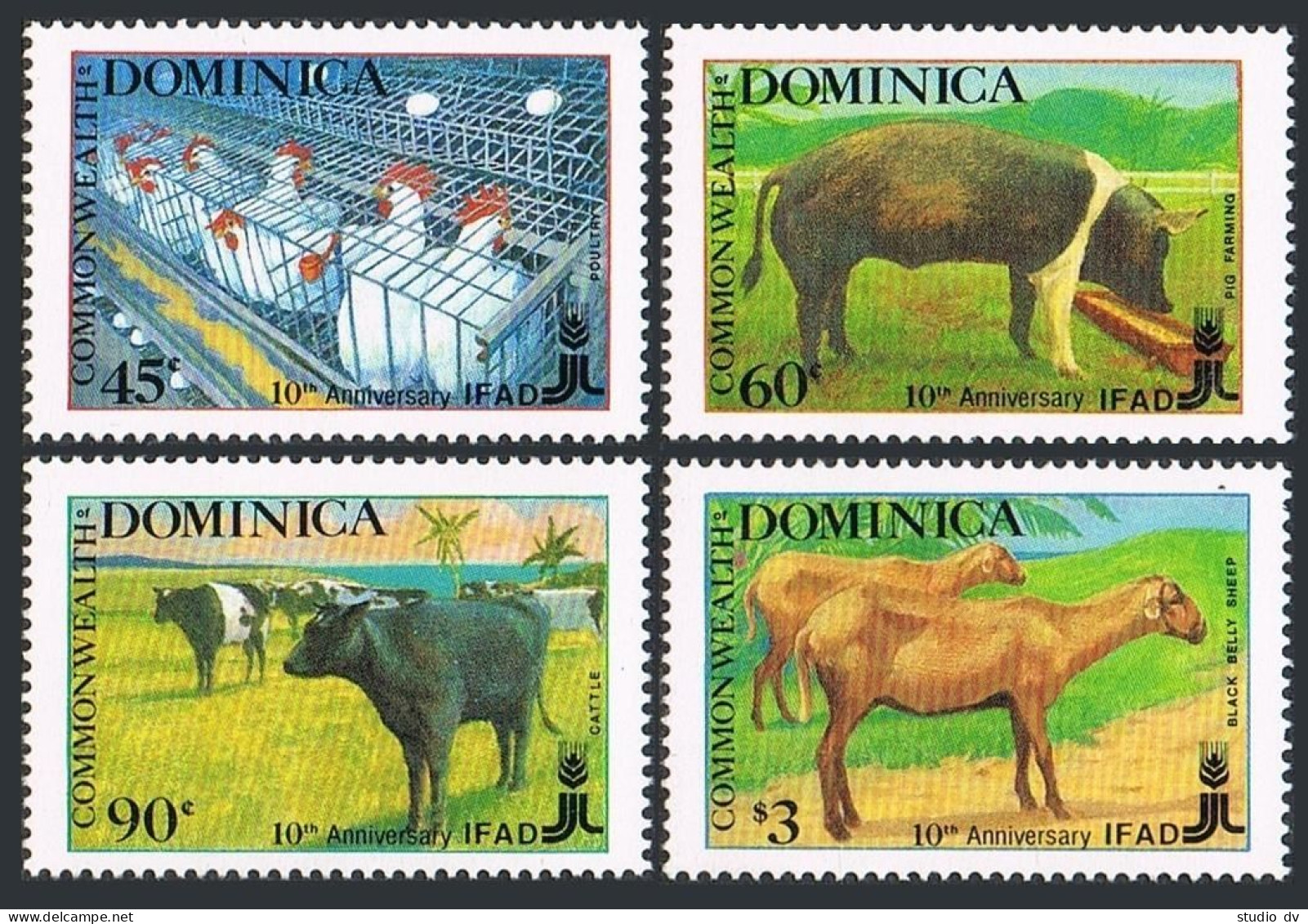 Dominica 1086-1089,MNH.Mi 1117-1120.IFAD-10,1988.Hen House,Pig Farm,Cattle,Sheep - Dominica (1978-...)