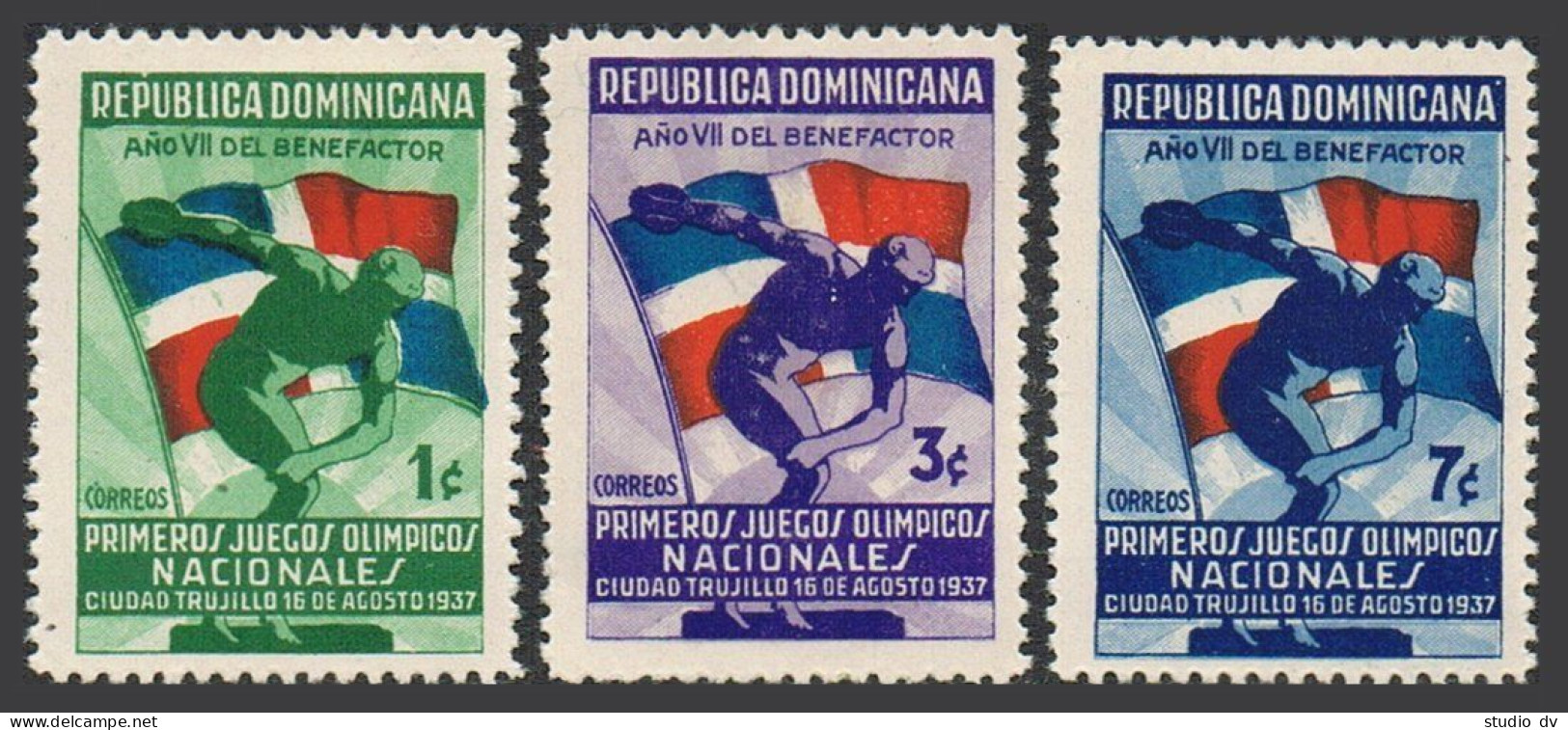 Dominican Rep 326-328, MNH. 1st National Olympic Games, 1937. Discus. - Dominique (1978-...)