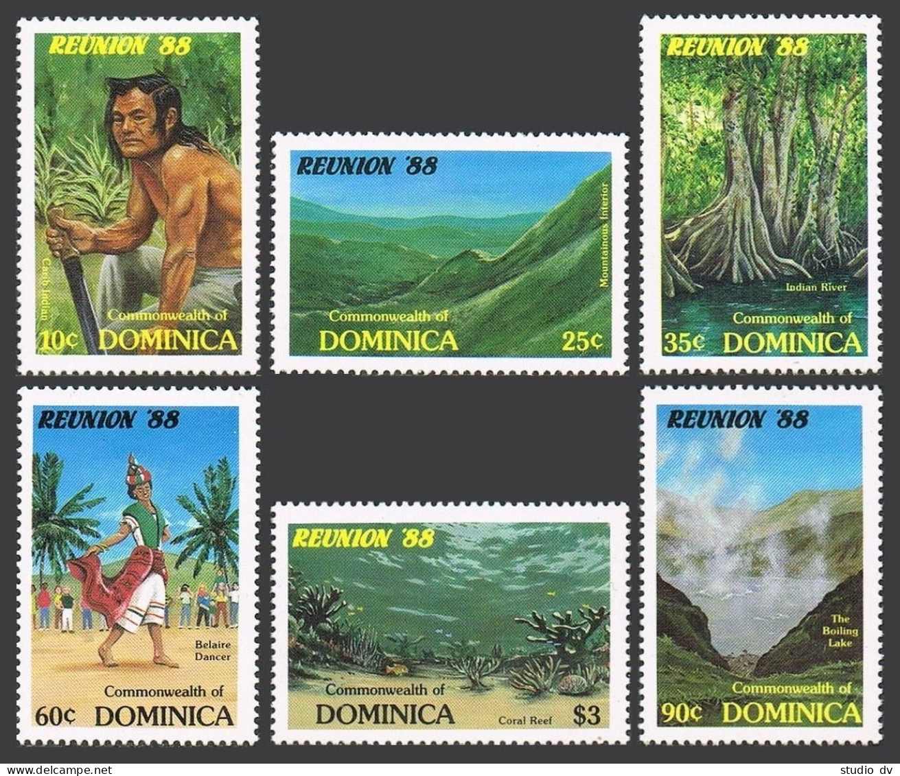 Dominica 1074-1079, 1080, MNH. Mi 1086-91, Bl.128. Reunion-1988 Tourism Campaign - Dominique (1978-...)