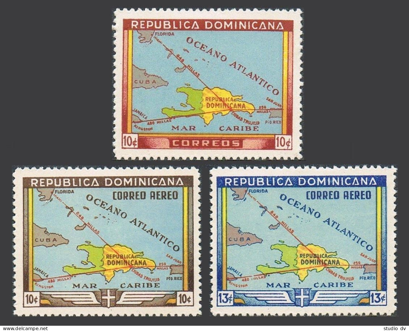 Dominican Rep 421,C62-C63,MNH. Santo Domingo, 450, 1946. Map: Hispaniola. - Dominique (1978-...)