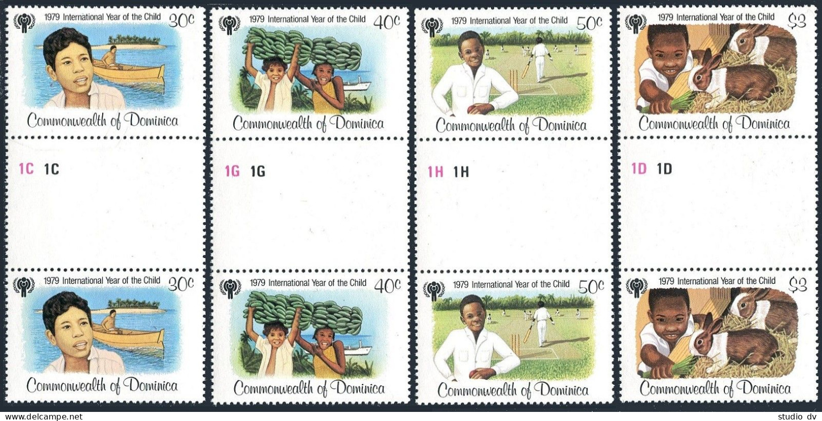 Dominica 613-616 Gutter, MNH. Michel 625-628. IYC-1979. Canoe, Bananas, Rabbits. - Dominique (1978-...)