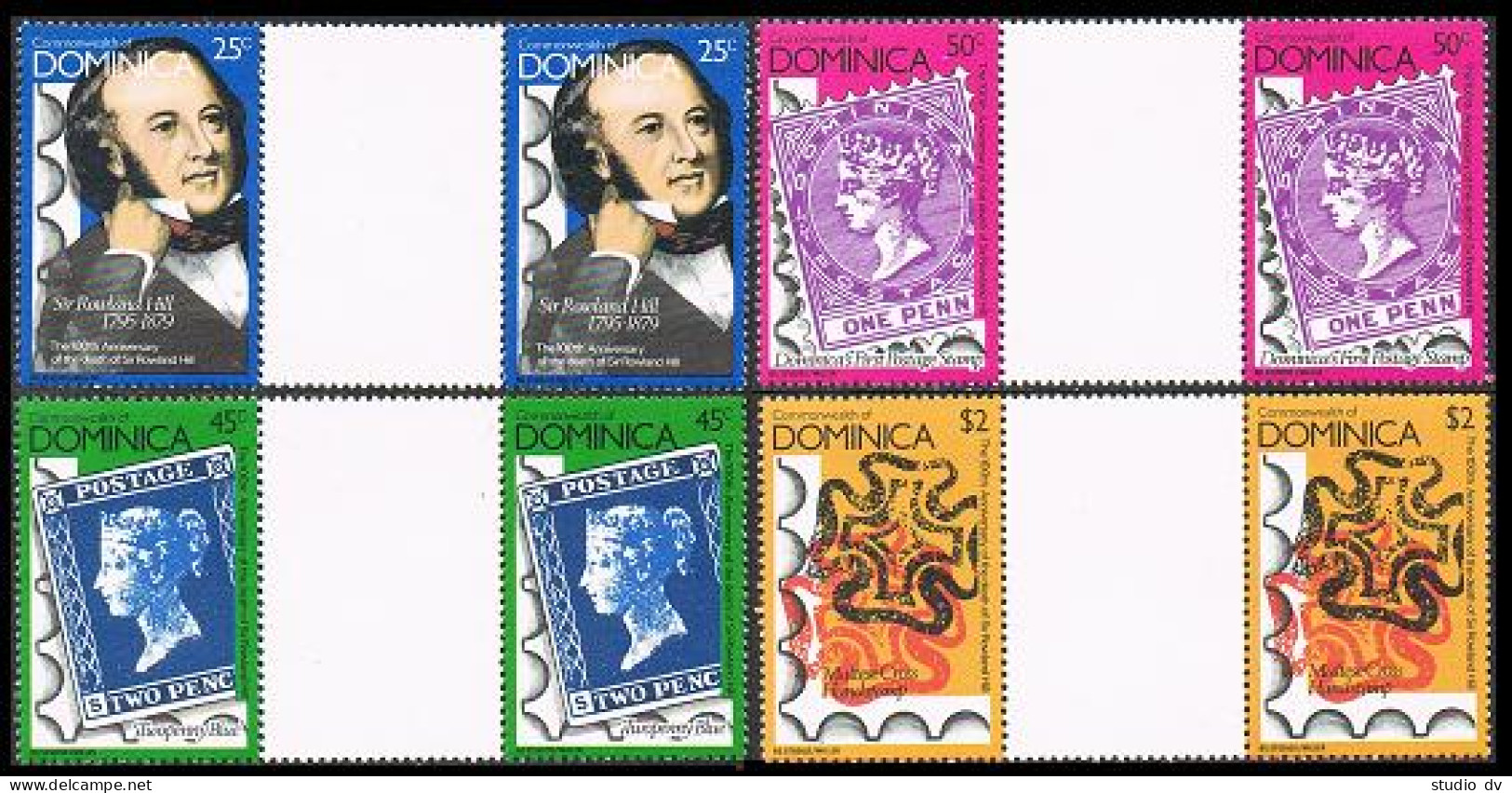 Dominica 608-611 Perf 14 Gutter,MNH.Michel 615A-618A. Sir Rowland Hill,1979. - Dominique (1978-...)