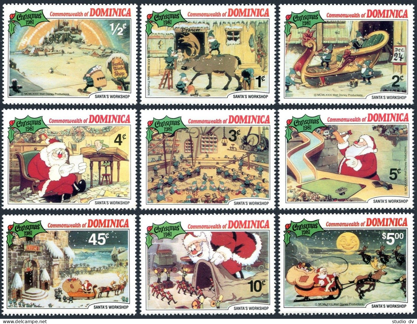 Dominica 706-714, 715 Sheet, MNH. Christmas 1981. Walt Disney, Santa's Workshop. - Dominique (1978-...)