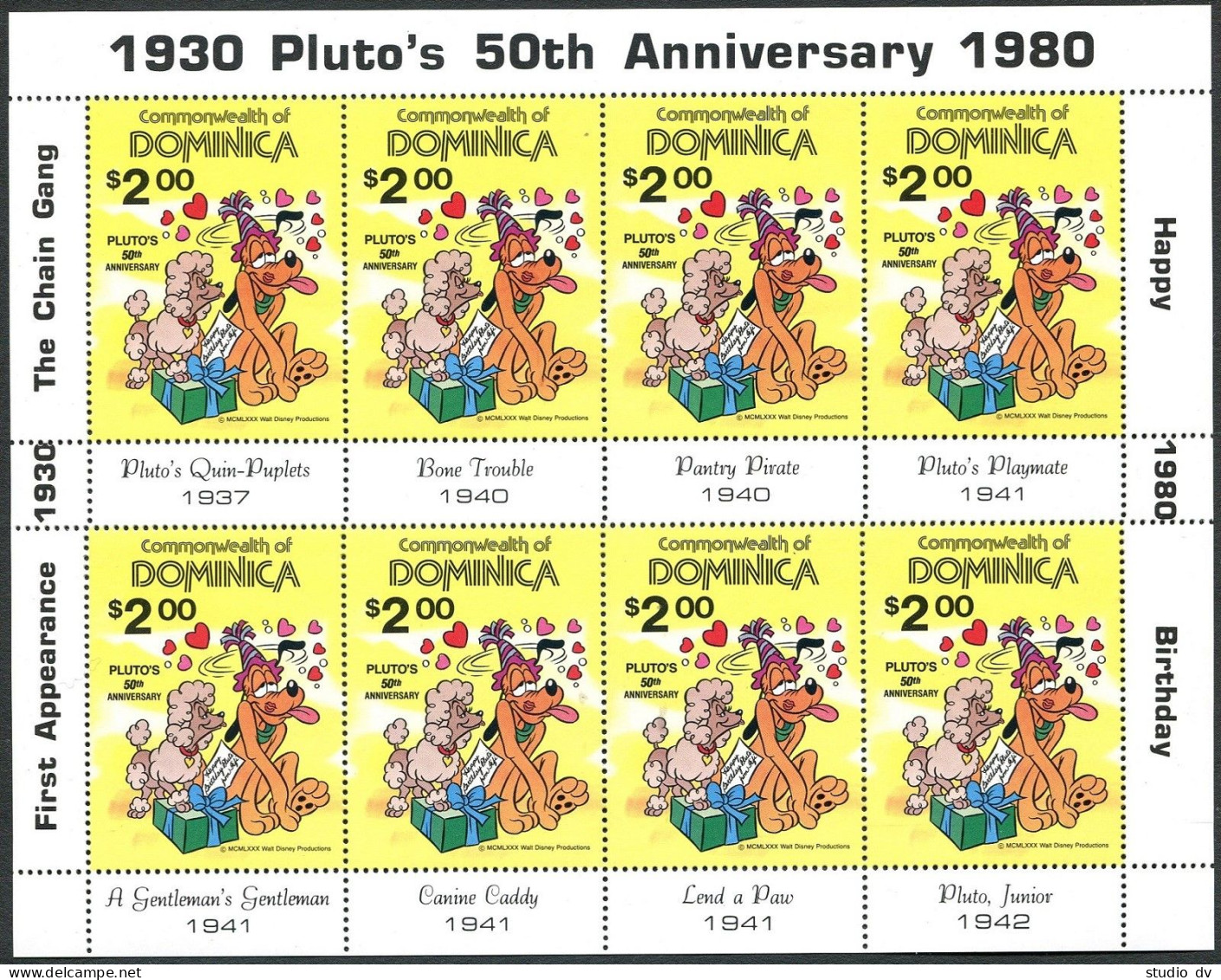 Dominica 694,694 Sheet, 695, MNH. Mi 706,707 Bl.67. Walt Disney's Pluto,50, 1981 - Dominique (1978-...)