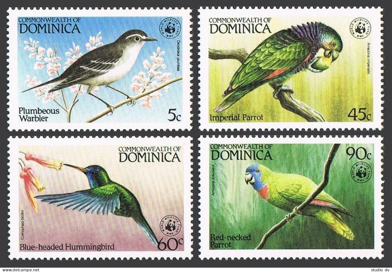 Dominica 827-830, 831, Hinged. Mi 836-840. WWF 1984. Warbler, Parrots,Flamingos, - Dominica (1978-...)