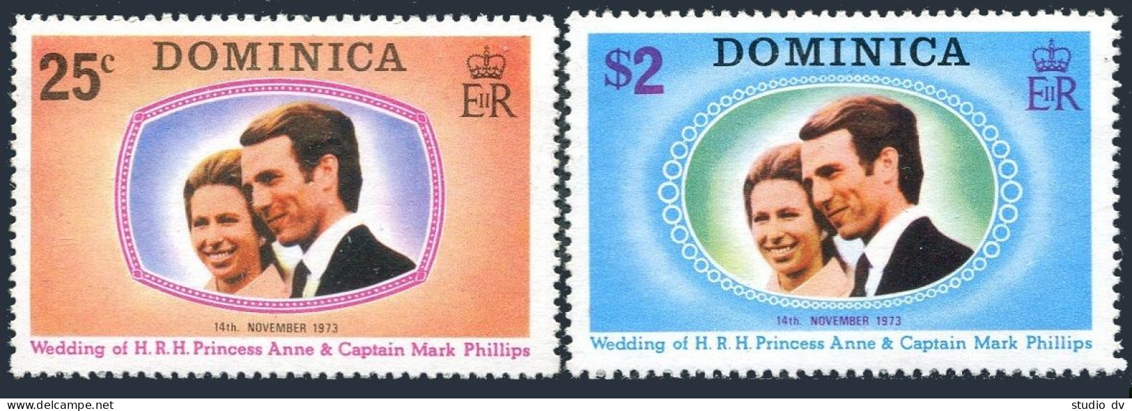 Dominica 372-373, 373a, MNH. Royal Wedding 1973. Princess Anne, Mark Phillips. - Dominique (1978-...)