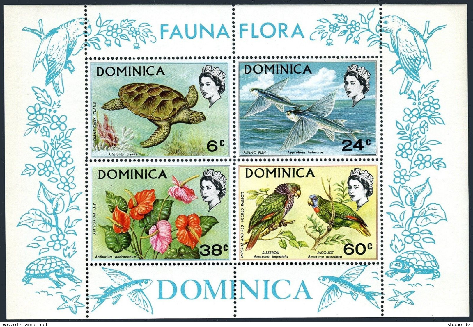 Dominica 300a Sheet,MNH. Mi Bl.2. Green Turtle,Fish,Anithurium Fly,Parrots. 1970 - Dominique (1978-...)