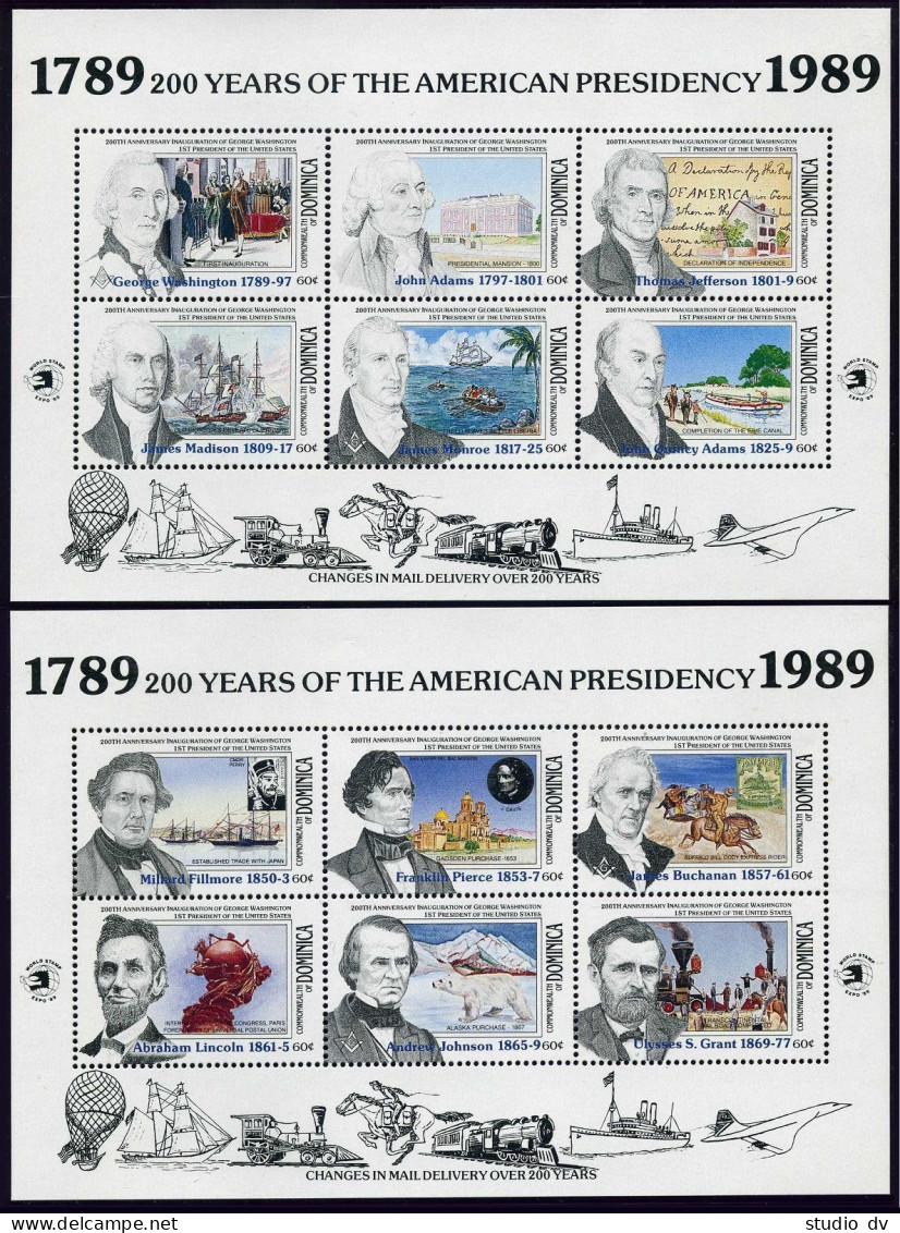 Dominica 1204-1207 Af Sheets,MNH. US Presidency-200,1989.Aircraft,Ships,Trains, - Dominica (1978-...)