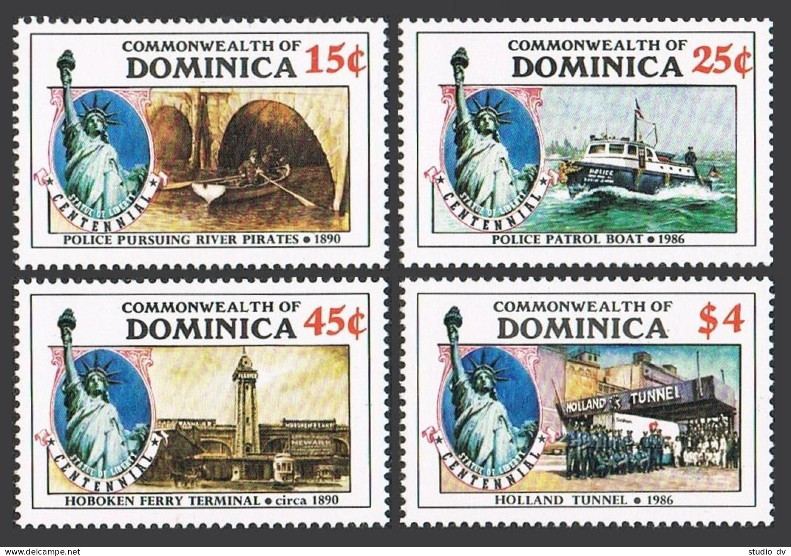 Dominica 940-943, 944, MNH. Michel 954-957, Bl.107. Statue Of Liberty-100, 1985. - Dominique (1978-...)
