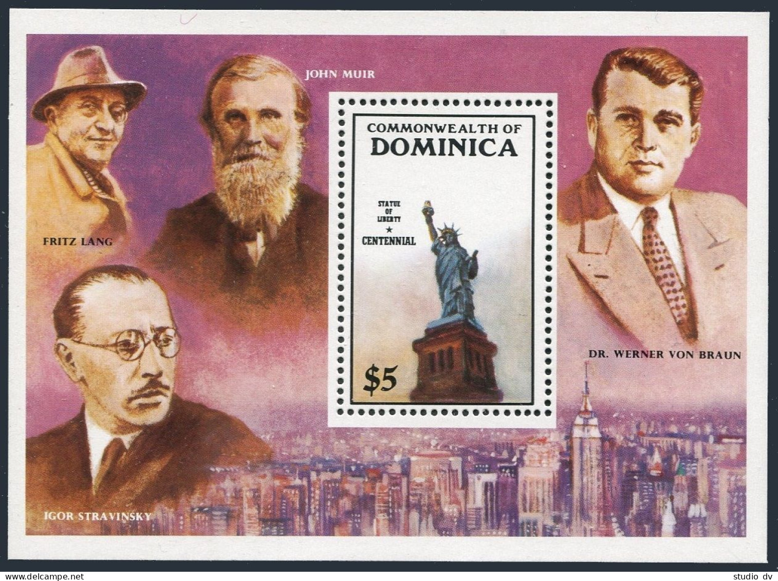 Dominica 940-943, 944, MNH. Michel 954-957, Bl.107. Statue Of Liberty-100, 1985. - Dominique (1978-...)