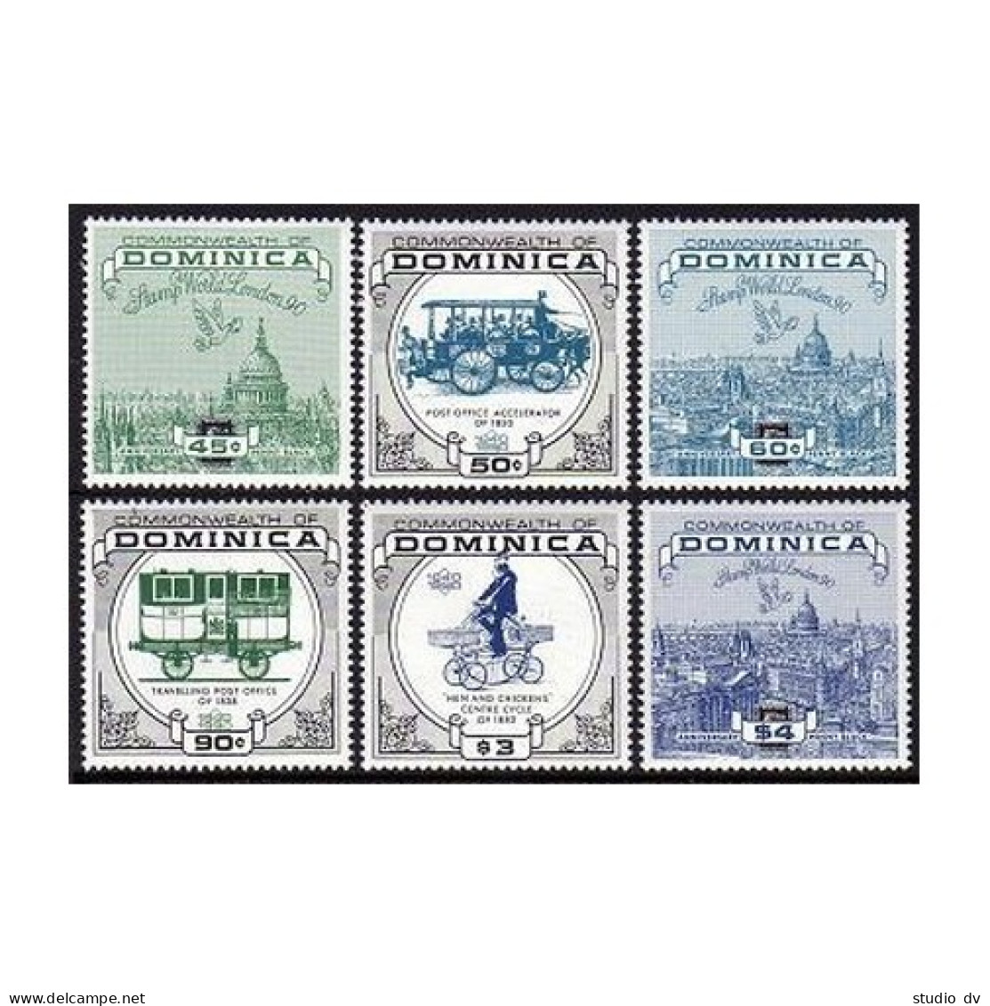 Dominica 1233-1238, MNH. LONDON-1990, Penny Black-150. Mail Coach,wagon,trucks. - Dominica (1978-...)