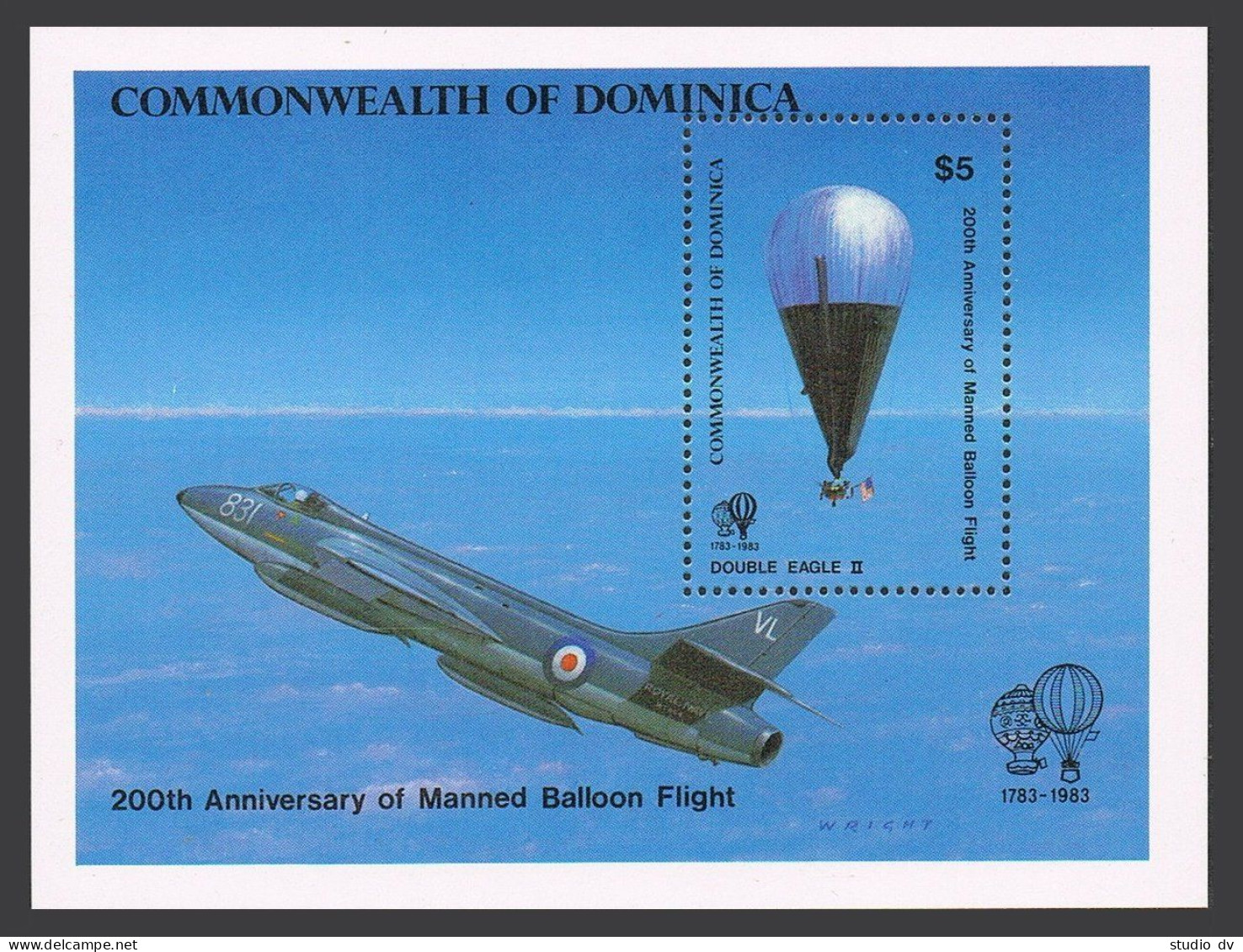 Dominica 809, MNH. Mi Bl.83. Manned Balloon Flight-200, 1983. Double Eagle II. - Dominica (1978-...)