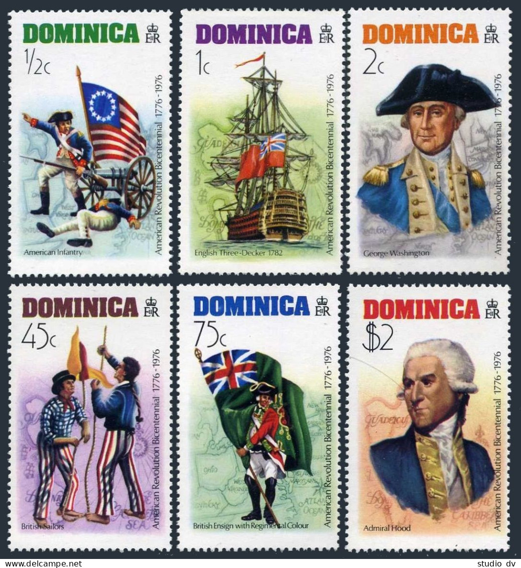 Dominica 472-477,477a, MNH. USA-200,1976. Solders,Flags,Ship, George Washington. - Dominique (1978-...)