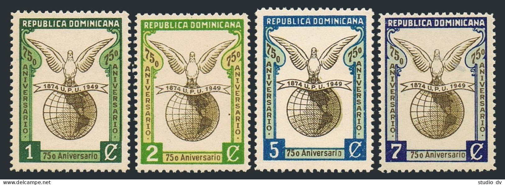 Dominican Rep 433-436, MNH. Michel 495-498. UPU-75, 1949. Pigeon, Globe. - Dominique (1978-...)