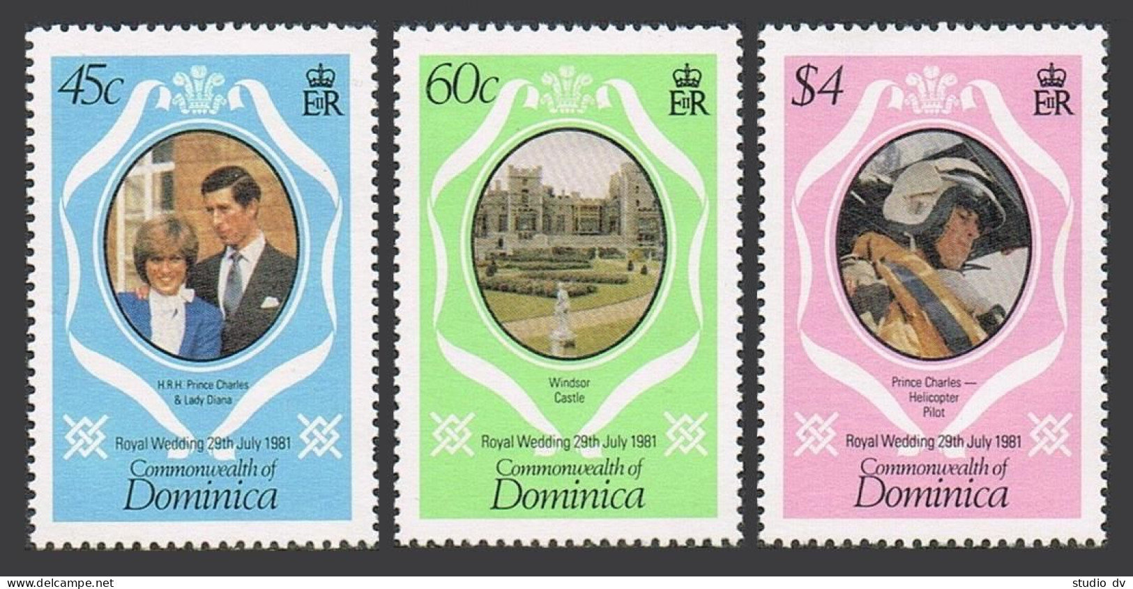 Dominica 701-703, 704, MNH. Royal Wedding 1981. Charles, Lady Diana. Helicopter. - Dominica (1978-...)