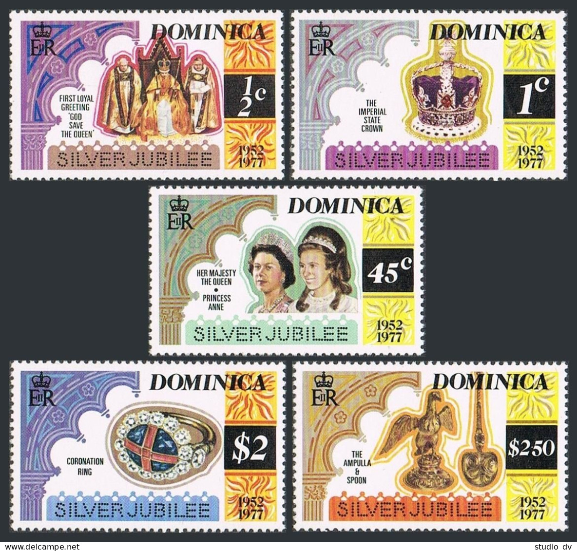 Dominica 521-525,526, MNH. Michel 525-529,Bl.42. Reign Of QE II, 25th Ann. 1977. - Dominica (1978-...)