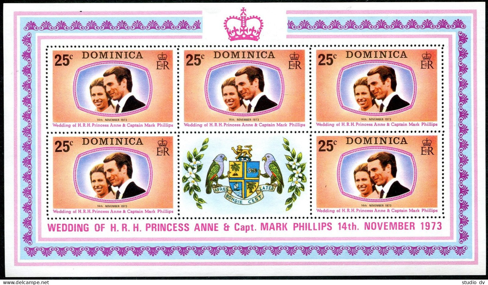 Dominica 372-373 Sheets,MNH.Michel 372-373. Wedding 1973.Princess Anne,Phillips. - Dominique (1978-...)