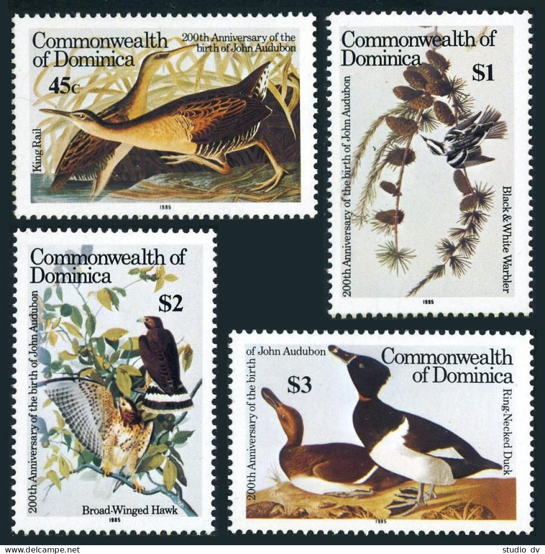 Dominica 891-894,MNH.Mi 905-909. Audubon Birds,1985:King RailWarbler,,Hawk,Ducks - Dominica (1978-...)