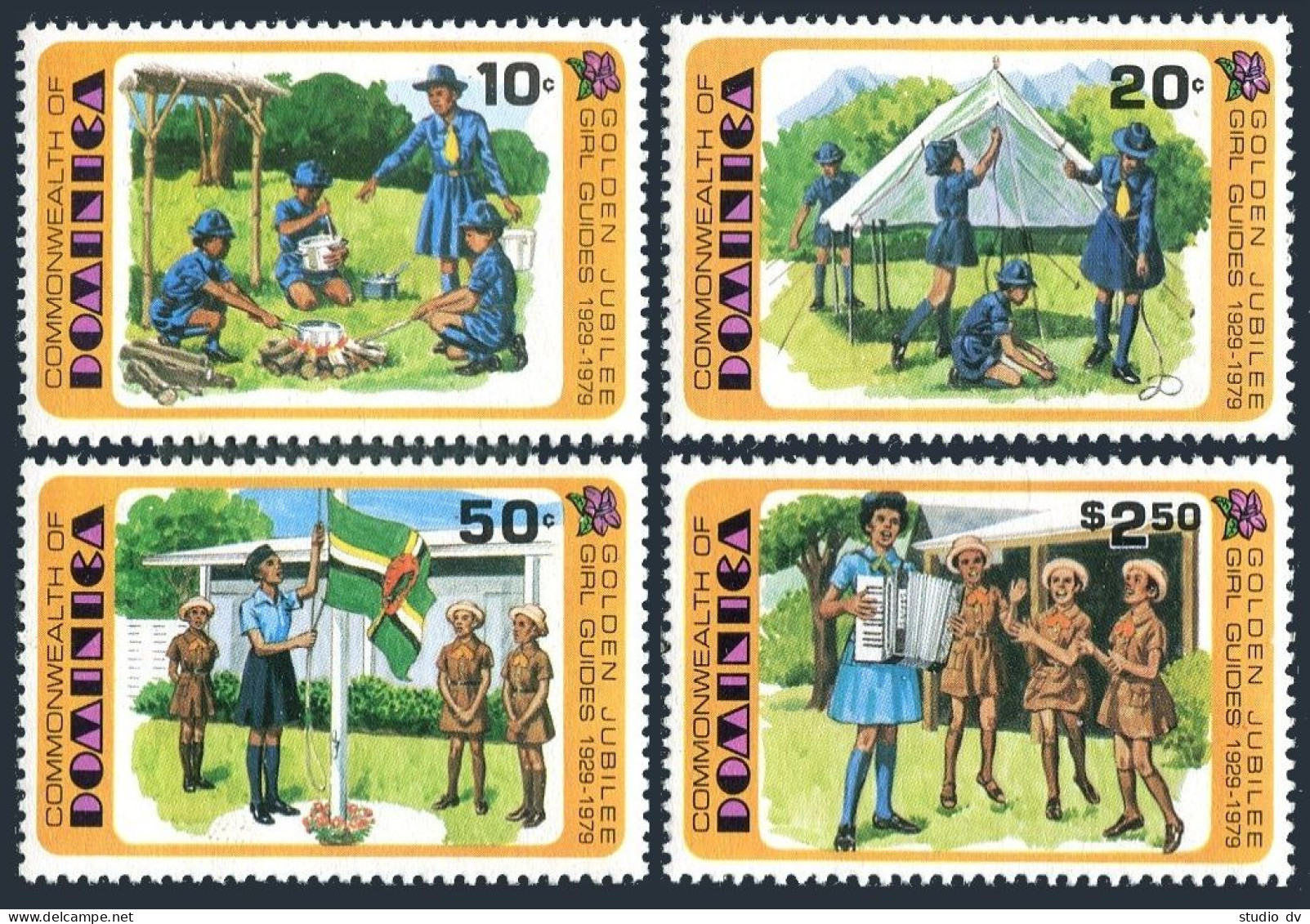 Dominica 630-633, MNH. Michel 637-640. Girl Guides-50, 1979. Cooking, Flag. - Dominica (1978-...)
