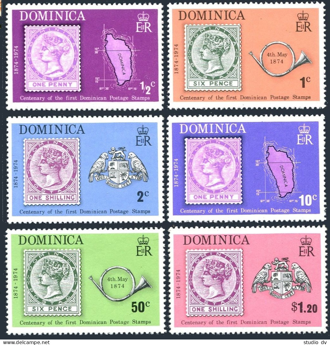 Dominica 389-394,394a,MNH. Dominican Stamps-100,1974.Map,Post Horn,Arms-Parrots. - Dominica (1978-...)